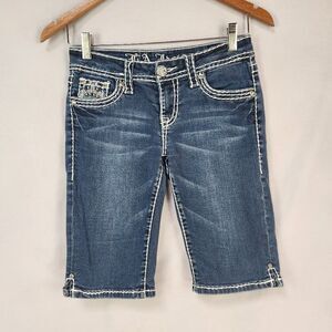 L.A Idol Bermuda Jean Shorts Women 3 Blue Denim Embroidered Studded Low Rise